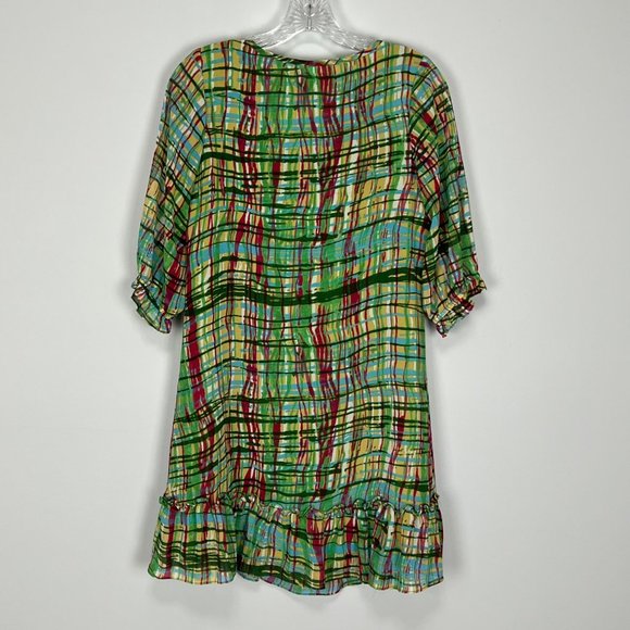 KindLikeLove Womans Green Abstract Plaid Mini Shift Dress Bow Ruffle size Small - Picture 5 of 10